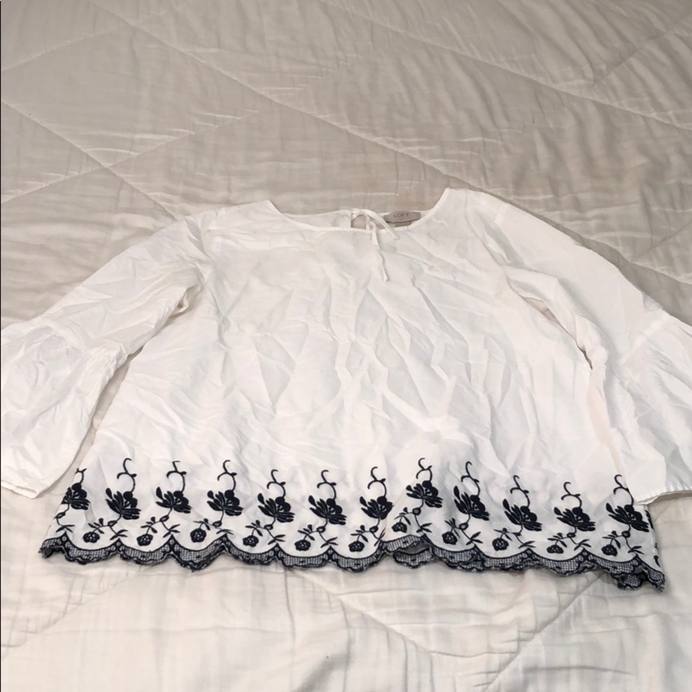 White 3/4 Sleeve Blouse - navy embroidery